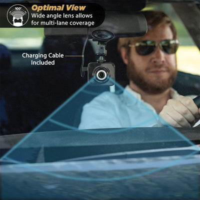 Optimal view. Wide angle lens allows for multi-lane coverage. Charging cable included.