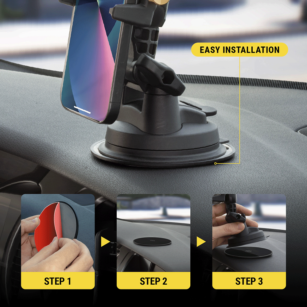 Easy Installation. Step 1 - remove red film to expose adhesive disc  Step 2 - Stick to surface  Step 3 - Plate mount on disc