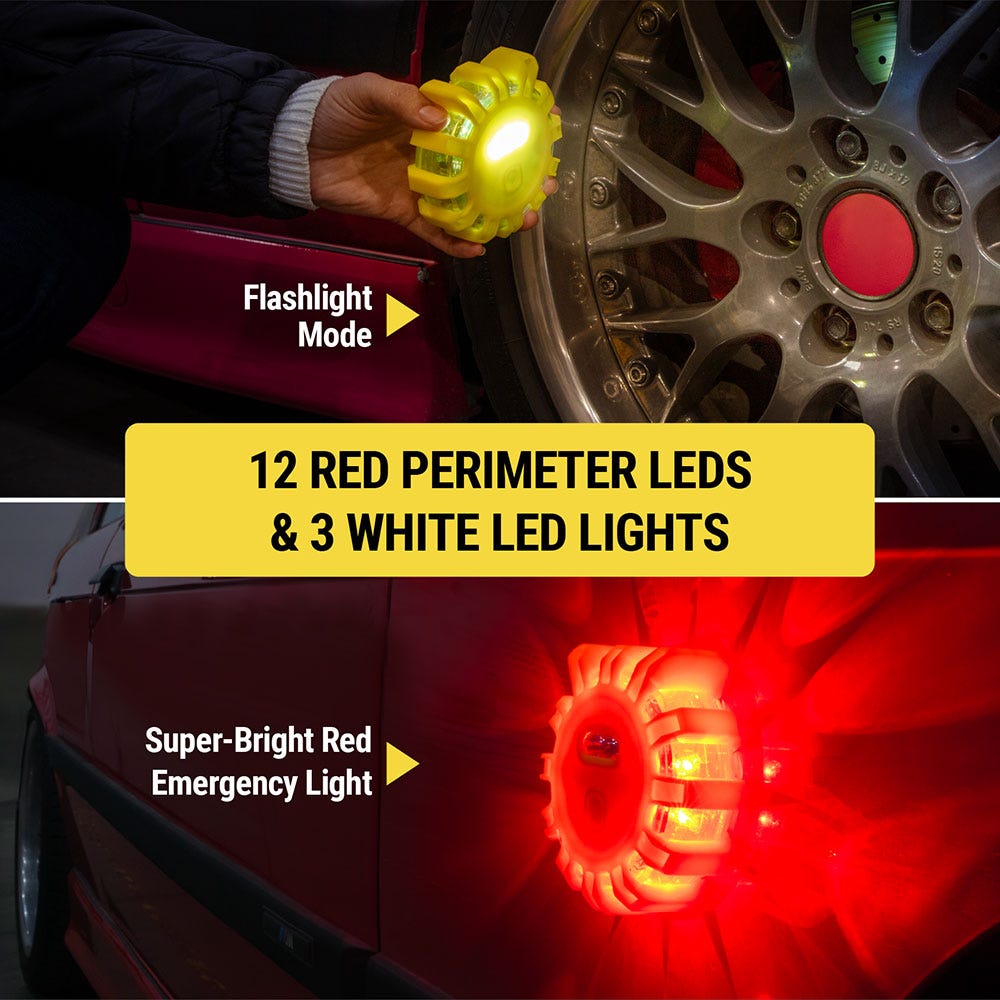 12 red perimeter LEDs and 3 white LED lights. Flashlight mode. Super-bright red emergency light
