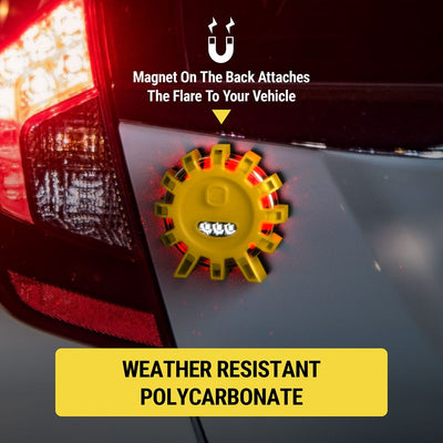 Weather resistant polycarbonate. Magnets on the back attaches the flare to your vehicle.
