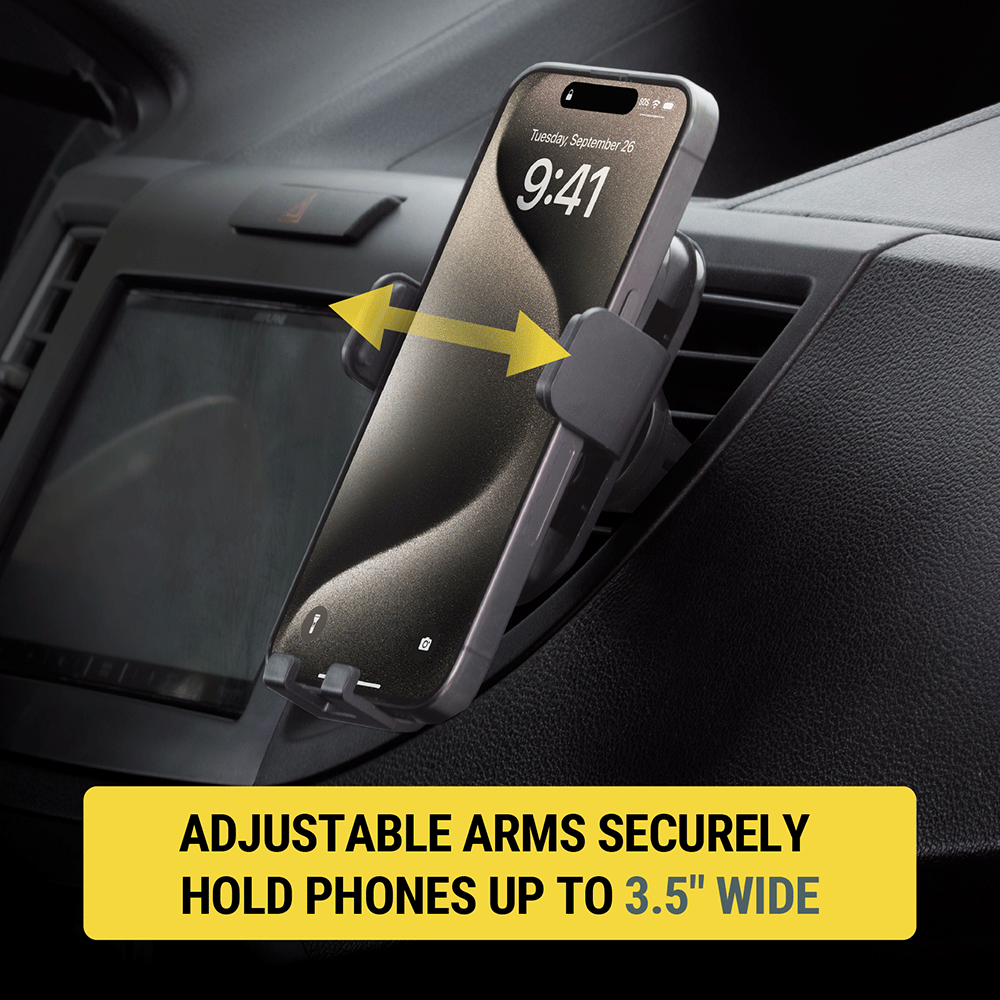 Adjustable arms securely hold phones up to 3.5 wide"