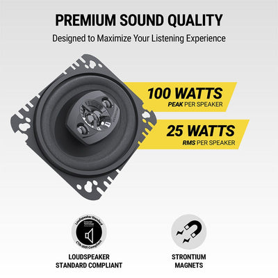 Premium sound quality. Designed to maximize your listening experience  100 watts peak per speaker. 25 watts RMS per speaker. Loudspeaker Standard compliant. Strontium magnets.