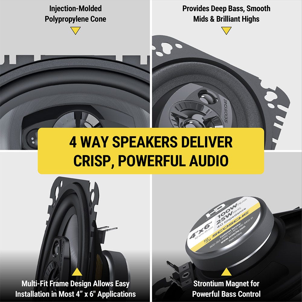 Injection-molded polypropylene cone. Provides deep bass  smooth mids and brilliant high. 4-way speakers deliver crisp powerful audio. Multi-Fit Frame Design Allows Easy Installation in Most 4” x 6” Applications. Strontium Magnet for Powerful Bass Control