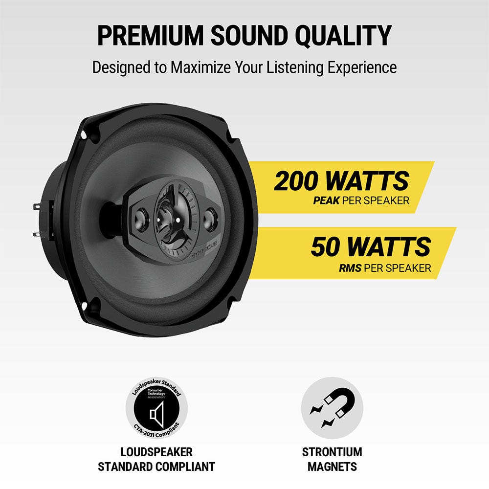 Premium sound quality. Designed to maximize your listening experience. 200 watts peak per speaker. 50 watts RMS per speaker. Loudspeaker Standard Compliant. Strontium magnets.