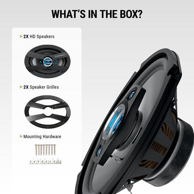 What's in the box? 2X HD speakers  2X speaker grilles  Mounting hardware