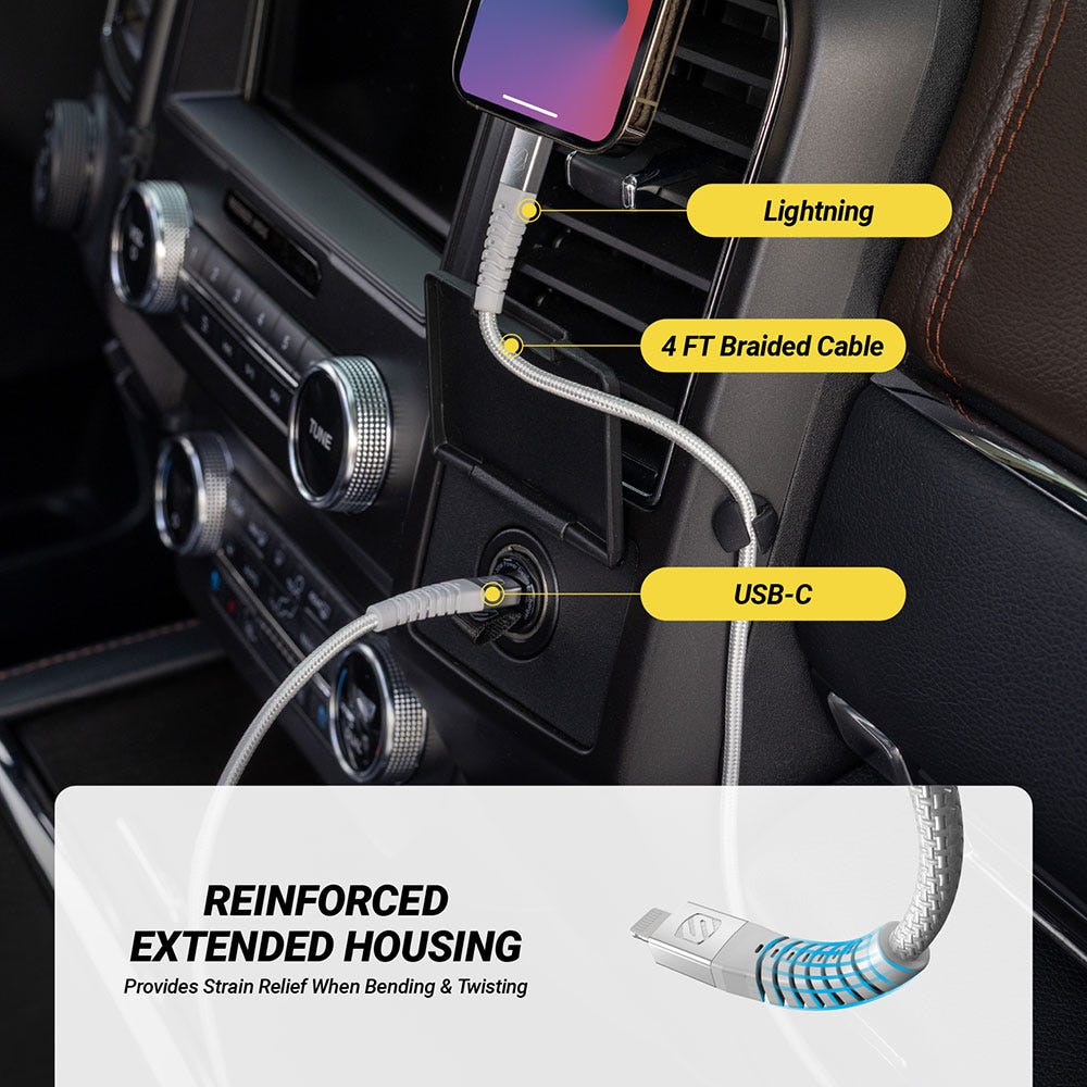 Lightning. 4Ft braided cable. USB-C. Reinforced extended housing provide strain relief when bending and twisting