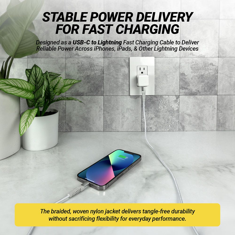 Stable Power Delivery for fast chargong. Designed as a USB-C to Lightning Fast Charging Cable to Deliver Reliable Power Across iPhone  iPad  and other Lightning Devices. The braided  woven nylon jacket delivers tangle-free durability without sacrificing f