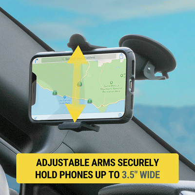 Adjustable arms securely hold phones up to 3.5 wide"