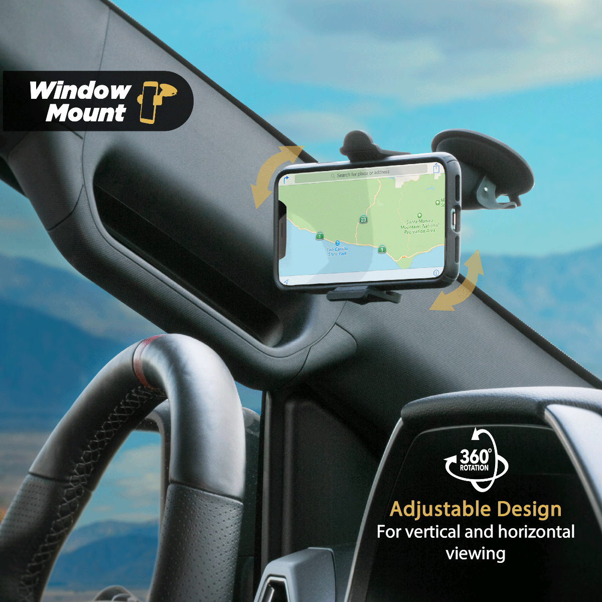 Window mount features 360 degree adjustable design for vertical and horizontal viewing