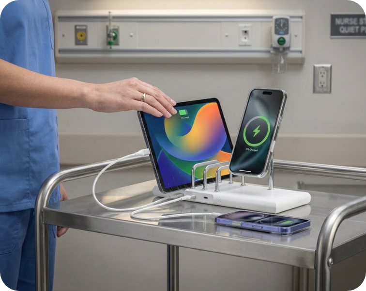 Image of a person in scrubs touching an iPad that is held by a BaseLynx charging station with two iPhones also connected to it