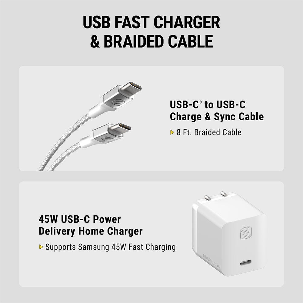 USB Fast Charger and Braided Cable. USB-C Charge & Sync Cable  8Ft. Braided Cable & 45W USB-C Power Delivery Home Charger Supports Samsung 45W Fast Charging