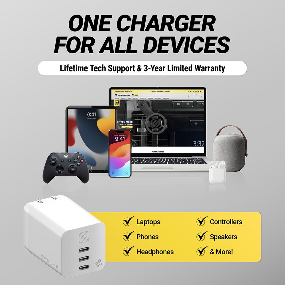 One charger for all devices. Lifetime tech support and 3-year limited warranty. Laptops  phones  headphones  controllers  speakers and more!
