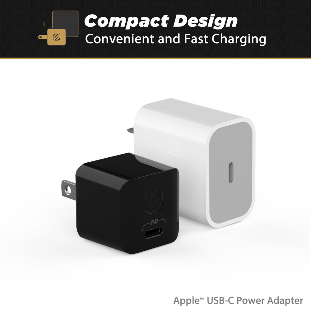 Compact design, convenient and fast charging. Also shows Apple USB-C power adapter.