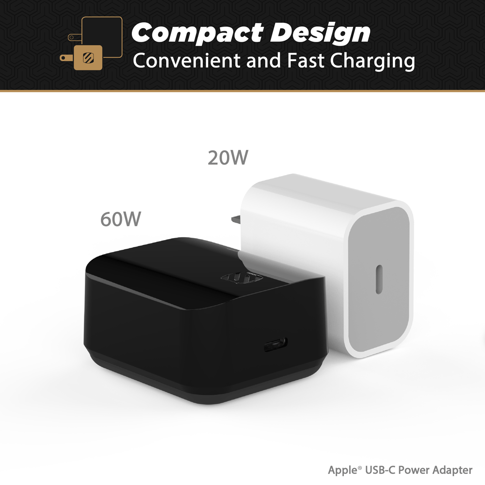 Compact design. Convenient and fast charging. 60W versus 20W Apple USB-c power adapter