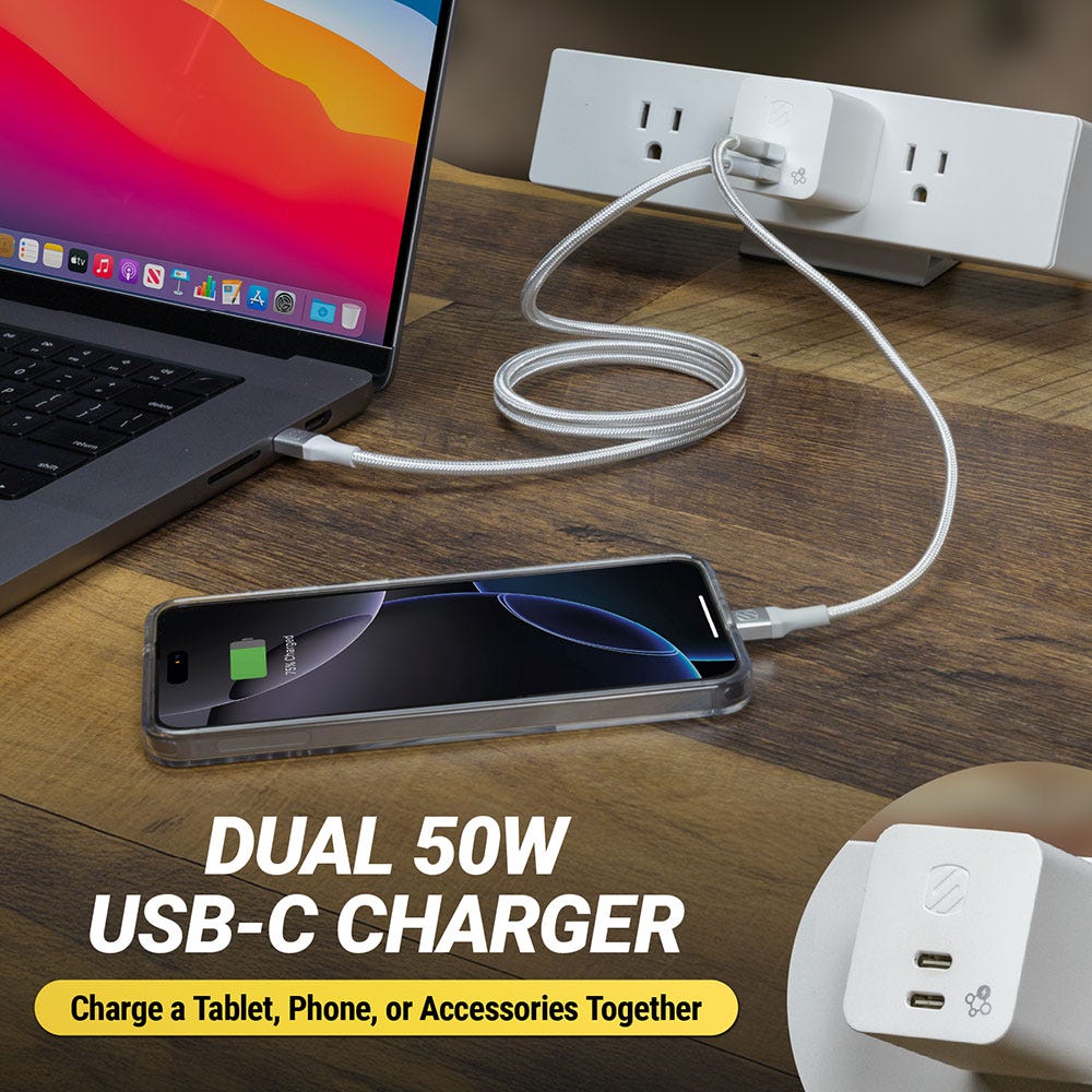 Dual 50W USB-C charger. Charge a tablet  phone or accessories together