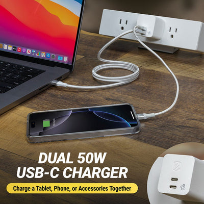 Dual 50W USB-C charger. Charge a tablet  phone or accessories together