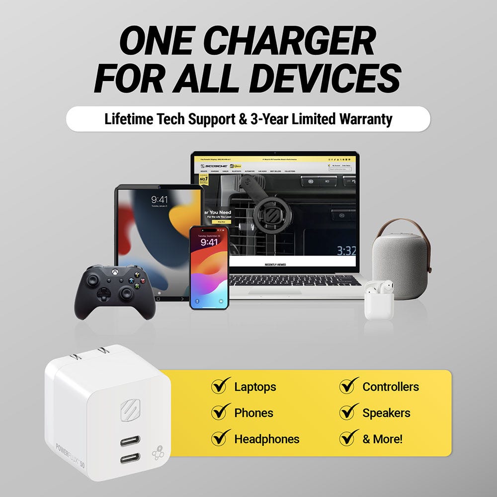 One charger for all devices. Lifetime tech support and 3-year limited warranty. Laptops  phones  headphones  controllers  speakers and more!