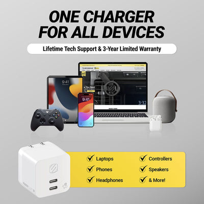 One charger for all devices. Lifetime tech support and 3-year limited warranty. Laptops  phones  headphones  controllers  speakers and more!