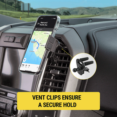 Vent clips ensure a secure hold.