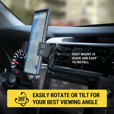 Vent mount is quick and easy to install. Easily rotate or tilt for your best viewing angle.