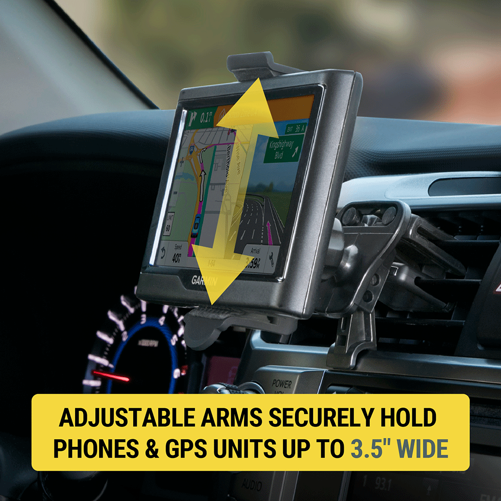 Adjustable arms securely hold phones & GPS units up to 3.5 wide "