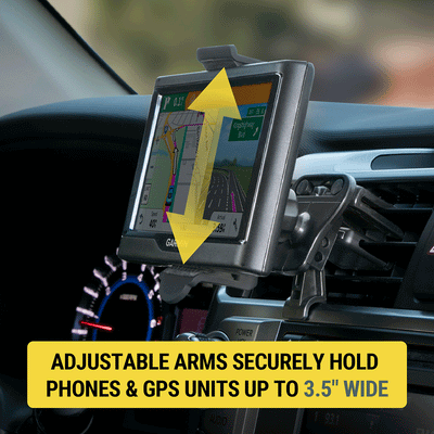 Adjustable arms securely hold phones & GPS units up to 3.5 wide "