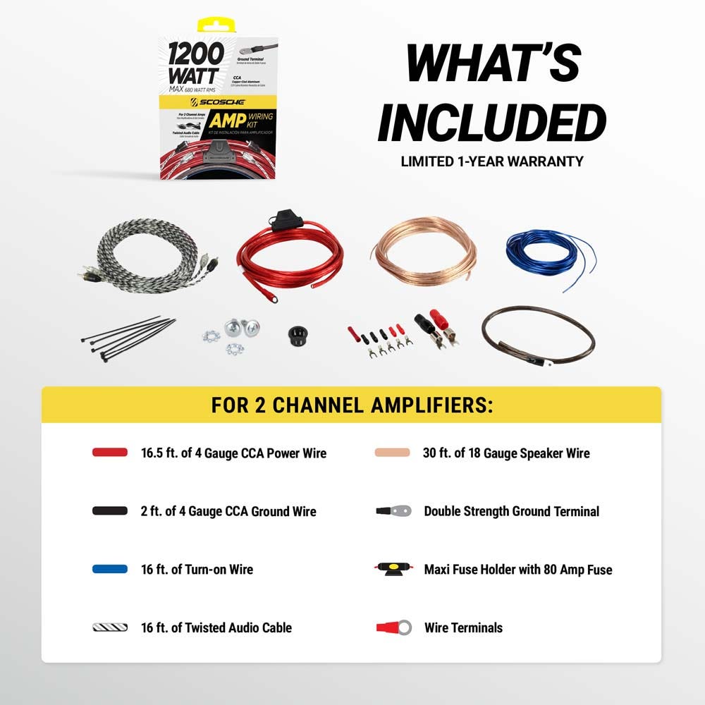 Limited 1 year warranty. What's included for 2 channel amplifiers: 16.5 ft. of 4 Gauge CCA Power Wire  2 ft. of 4 Gauge CCA Ground Wire  16 ft. of Turn-on Wire  16 ft. of Twisted Audio Cable  30 ft. of 18 Gauge Speaker Wire  Double Strength Ground Termina