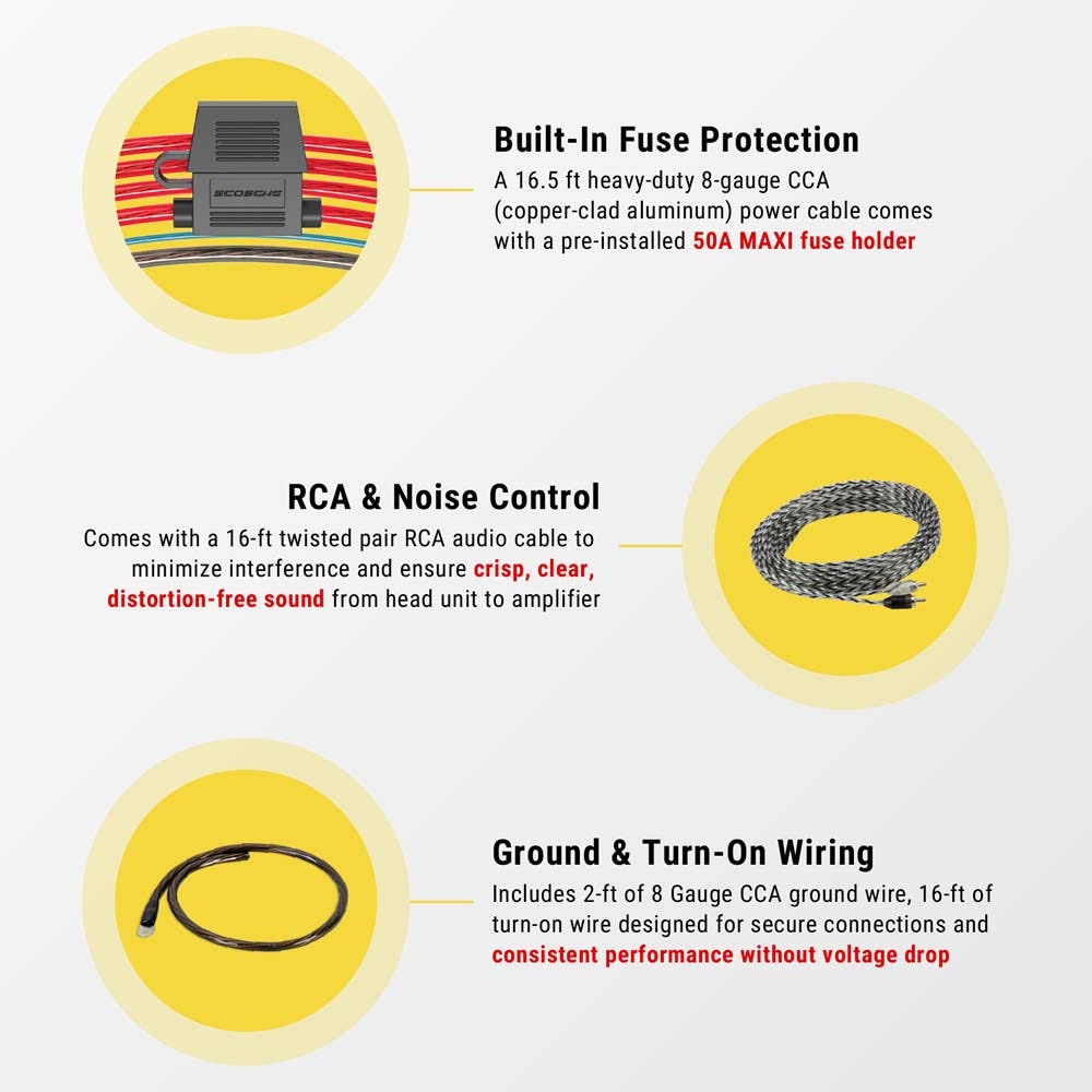 Built-in fuse protection. A 16.5 ft heavy-duty 4-gauge CCA (copper-clad aluminum) power cable comes with a pre-installed 80A MAXI fuse holder. RCA & noise control. Comes with a 16-ft twisted pair RCA audio cable to minimize interference and ensure crisp  