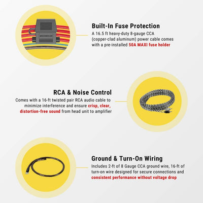 Built-in fuse protection. A 16.5 ft heavy-duty 4-gauge CCA (copper-clad aluminum) power cable comes with a pre-installed 80A MAXI fuse holder. RCA & noise control. Comes with a 16-ft twisted pair RCA audio cable to minimize interference and ensure crisp  