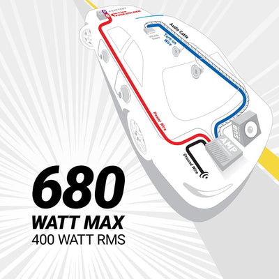 680 Watt Max   400 Watt RMS. Diagram of Battery  In-Line fuse holder  power wire  ground wire  AMP  SUB  Audio cable  Turn-on wire to head unit