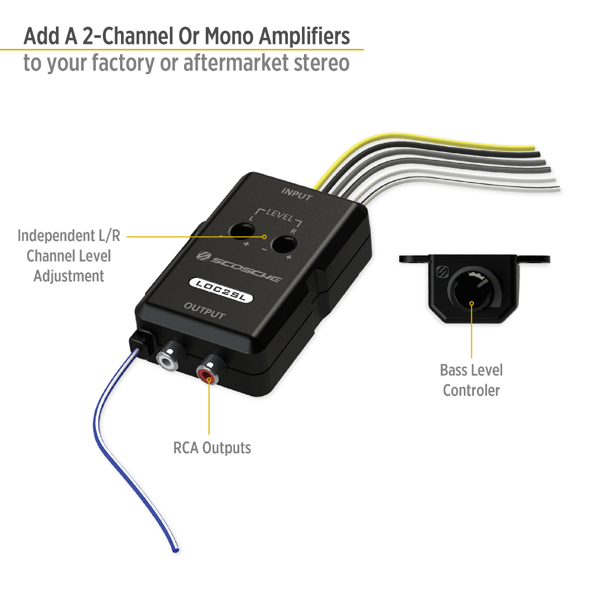 Add a 2-channel or mono amplifiers to your factory or aftermarket stereo. Independent L/R channel level adjustment. RCA outputs. Bass level controller.