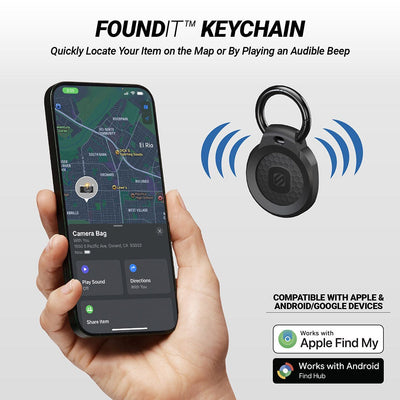 FoundIt Keychain. Quickly locate your item on the mp or by playing an audible beep. Compatible with Apple Find My. Works with Android Find Hub.