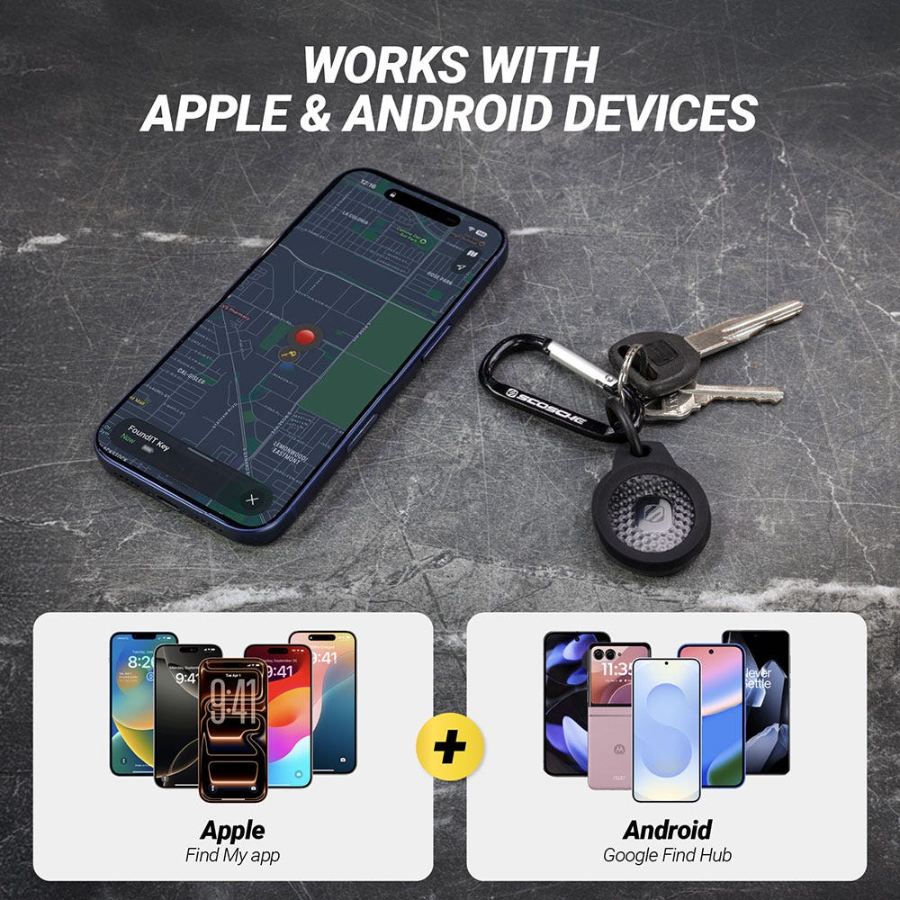 Works with Apple and Android devices. Aple Find My App. Android Google Find Hub.