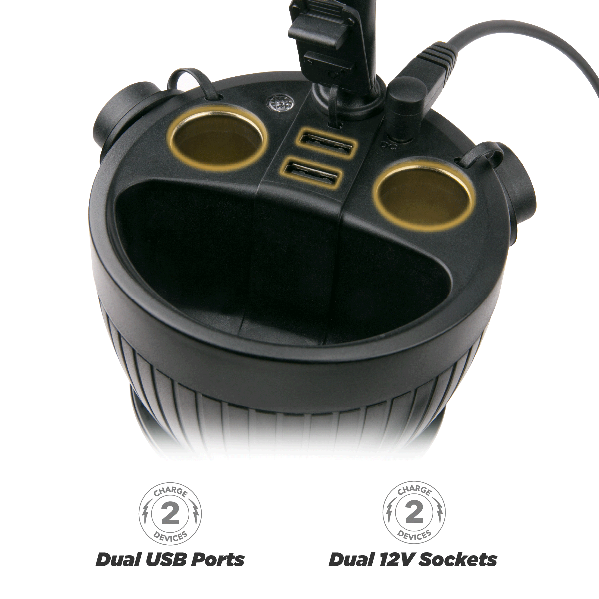 Charge 2 devices with dual USB ports and dual 12V sockets