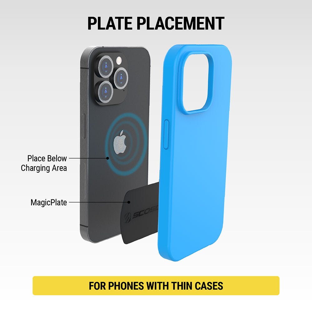 Plate Placement: Place below charging area for phones with thin cases