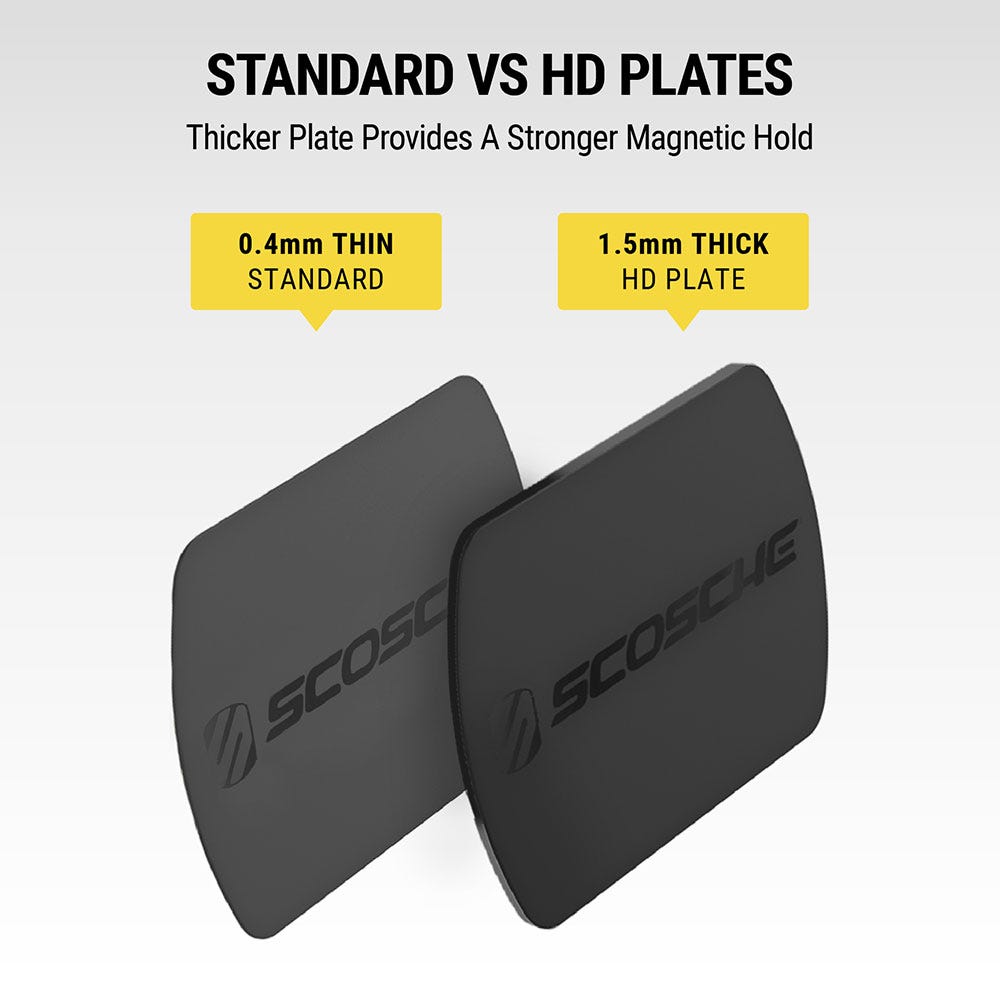 Standard vs HD plates. Thicker plate provides a stronger magnetic hold: 0.4mm thin/standard  1.5mm thick HD plate