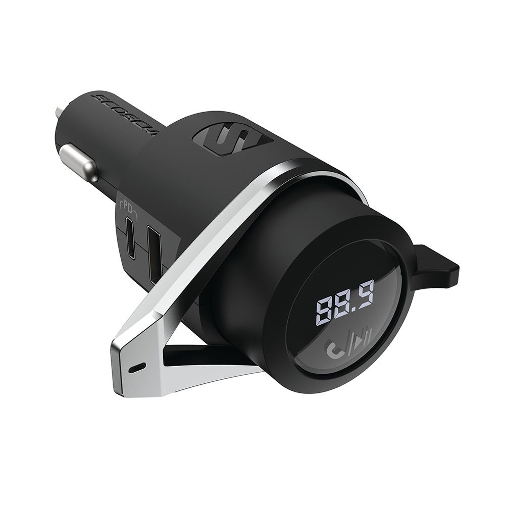 silver car charger fm transmitter bluetooth hands free smartphone with USBc and USB connectors with display in car