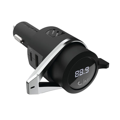 silver car charger fm transmitter bluetooth hands free smartphone with USBc and USB connectors with display in car