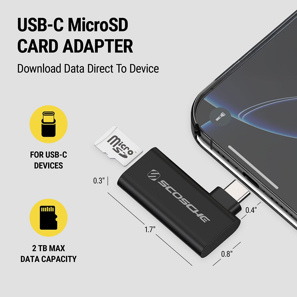 USB-C MicroSD card adapter. Download data direct to device. Made for dashcams and USB-C devices. Measures 1.7" by 0.8" and is 0.3" thick. USB-C port measures 0.4" long.