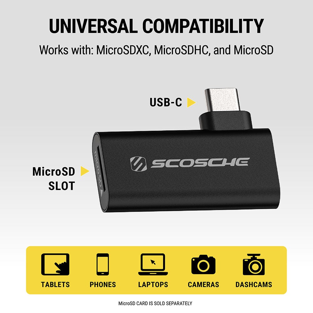 Universal Compatibility. Works with: MicroSDXC, MicroSDHC and MicroSD. Features USB-C port and MicroSD slot. Works with tablets, phones, laptops, MicroSD. MicroSD card is sold separately.