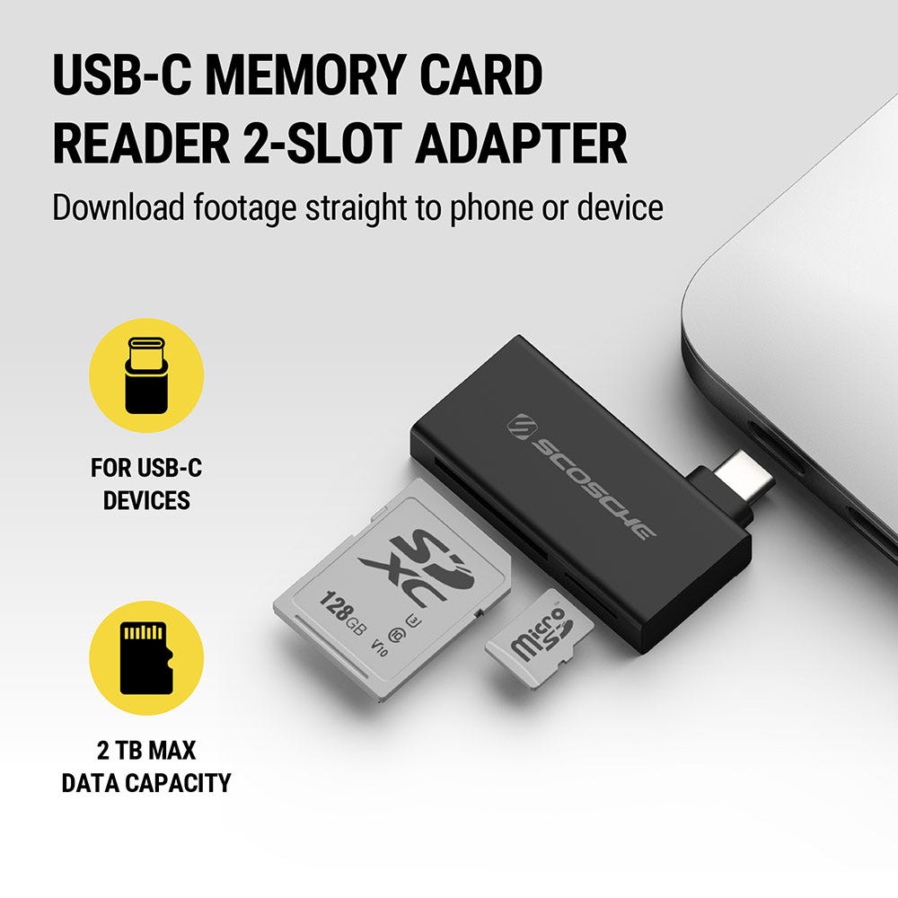 USB-C memory card reader 2-slot adapter. Download footage straight to phone or device. For USB-C devices  2TB max data capacity.