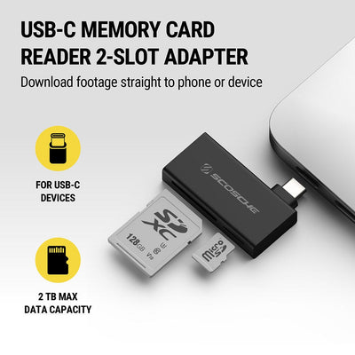 USB-C memory card reader 2-slot adapter. Download footage straight to phone or device. For USB-C devices  2TB max data capacity.