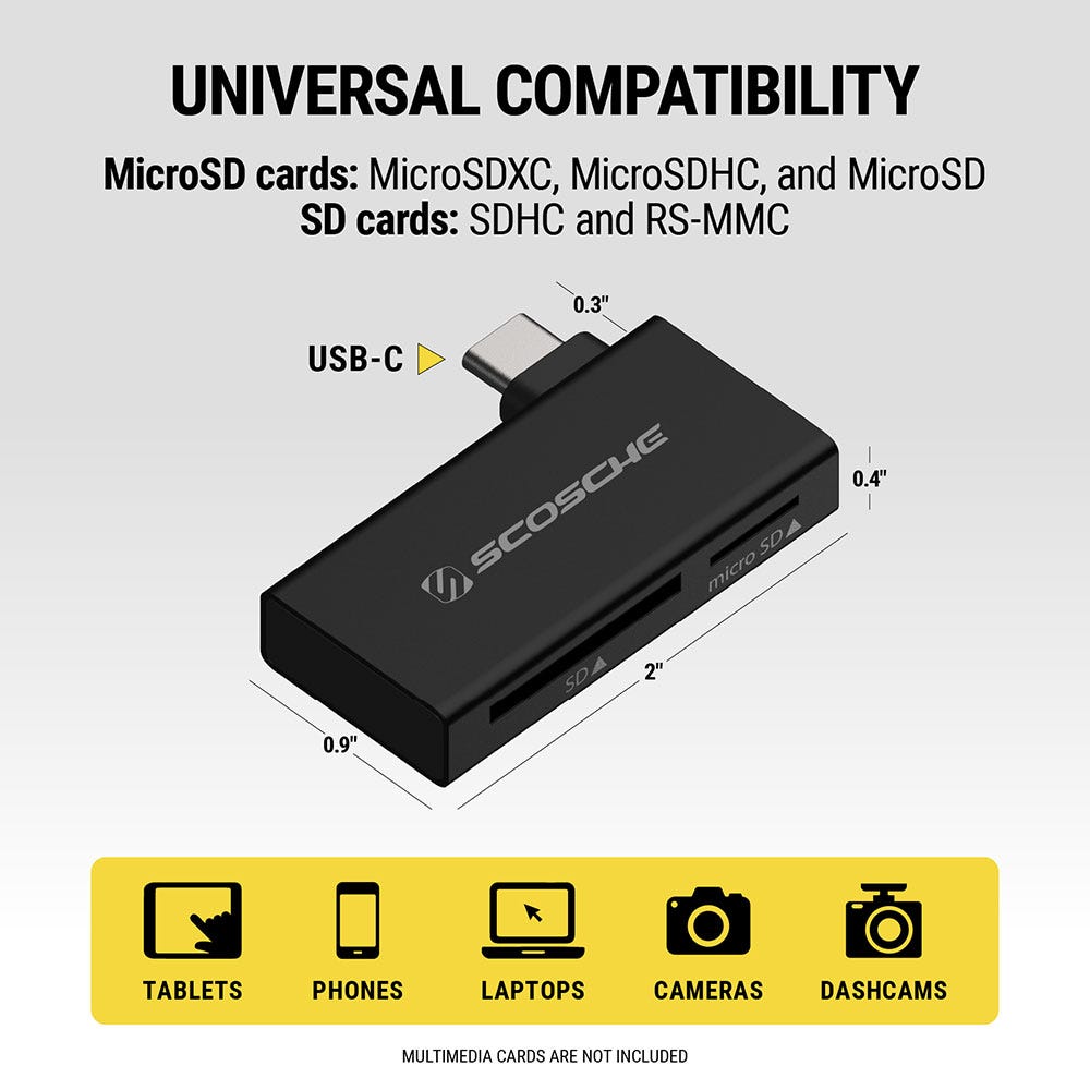 Universal Compatibility. MicroSD cards: MicroSDXC  MicroSDHC and MicroSD. SD cards: SDHC and RS-MMC. Measures 0.9 x 2 x 0.4 inches. USB-C extends 0.3 inches. Multimedia cards are not included. For tablets  phones  laptops  cameras and dashcams.