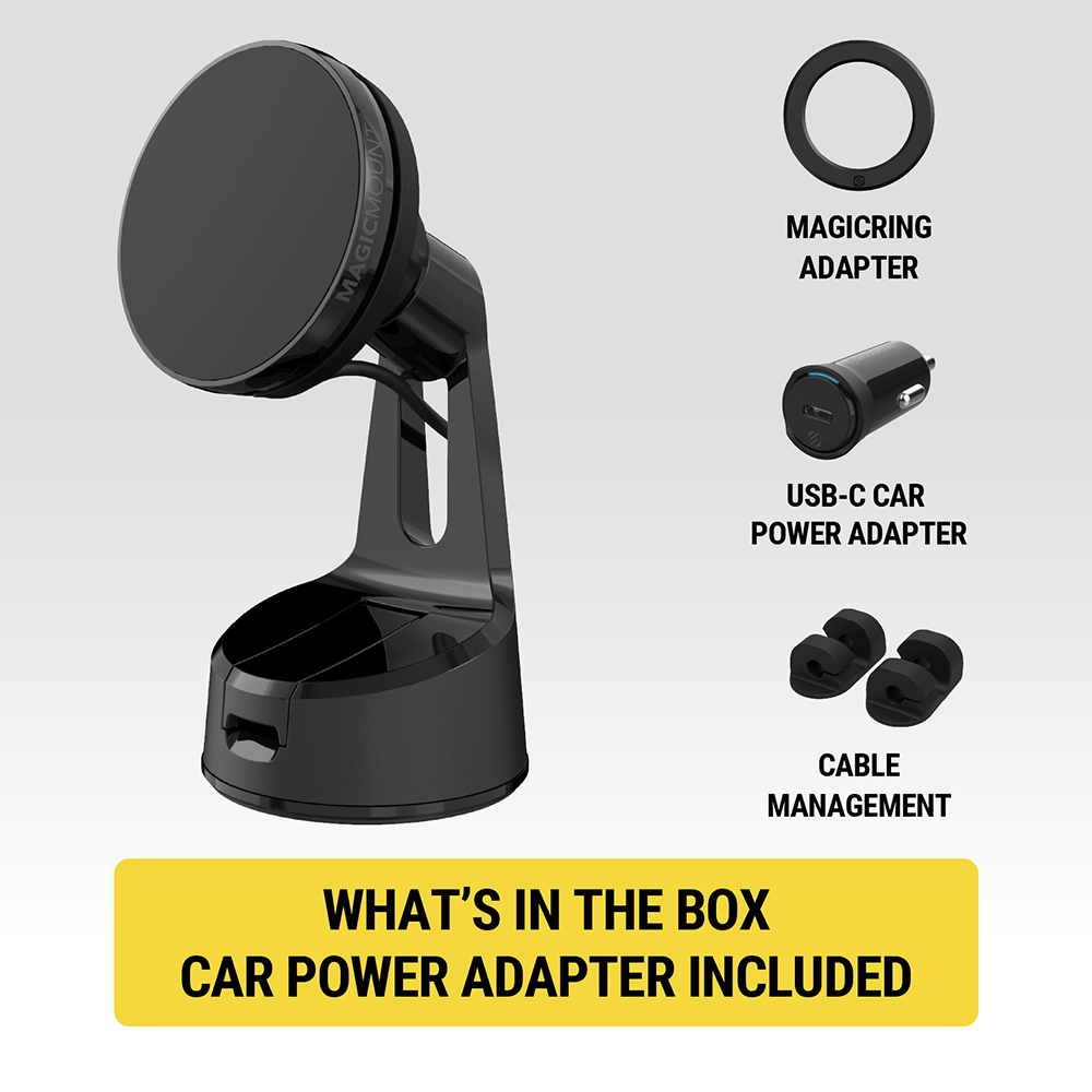 What's in the box. Car power adapter included. MagicRing adapter  USB-C car power adapter  cable management clips