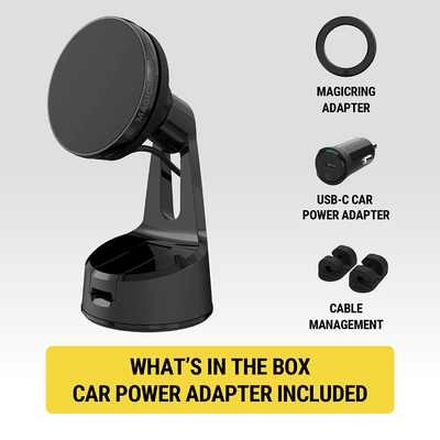 What's in the box. Car power adapter included. MagicRing adapter  USB-C car power adapter  cable management clips
