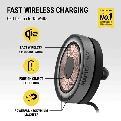 Fast wireless charging - certified up to 15 watts. Qi2 fast wireless charging coils  foreign object detection for safe charging  powerful Neodymium magnets. Scosche is the #1 mount brand in USA and Canada