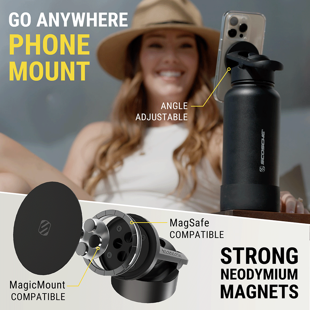 Go anywhere phone mount features adjustable angle. Strong Neodymium magnets - MagicMount compatible  MagSafe compatible
