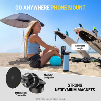 Go anywhere phone mount features adjustable angle. Strong Neodymium magnets - MagicMount compatible  MagSafe compatible. Cap and straw only  bottle not included