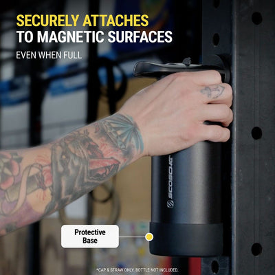 Securely attaches to magnetic surfaces even when full. Features protective base. Cap and straw only  bottle not included