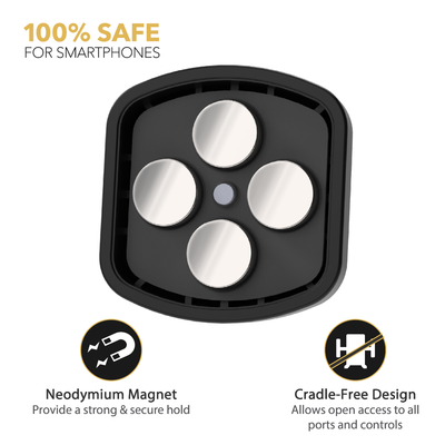 100% safe for smartphones. Neodymium magnets provide a strong & secure hold.Cradle-free design allows open access to all ports and controls.